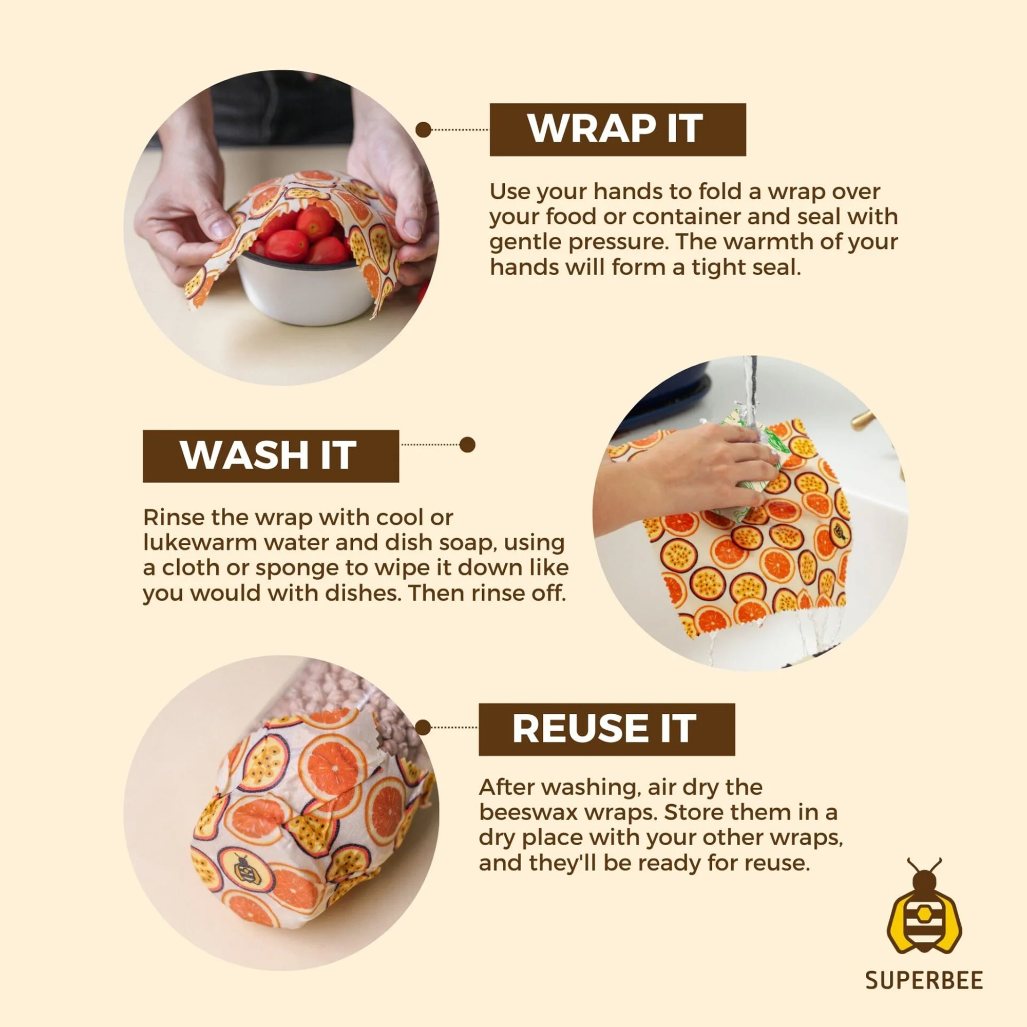 Classic Beeswax Wraps, Set of 3 - SuperBee