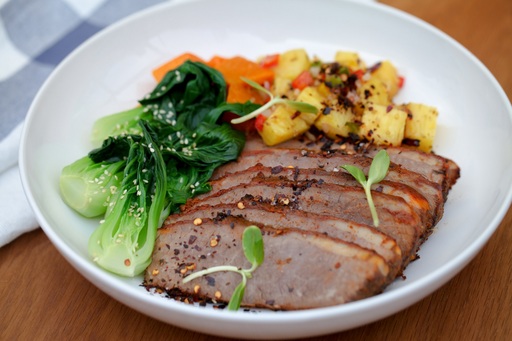 Chipotle beef brisket with roasted pineapple salsa, pumpkin, bok choy