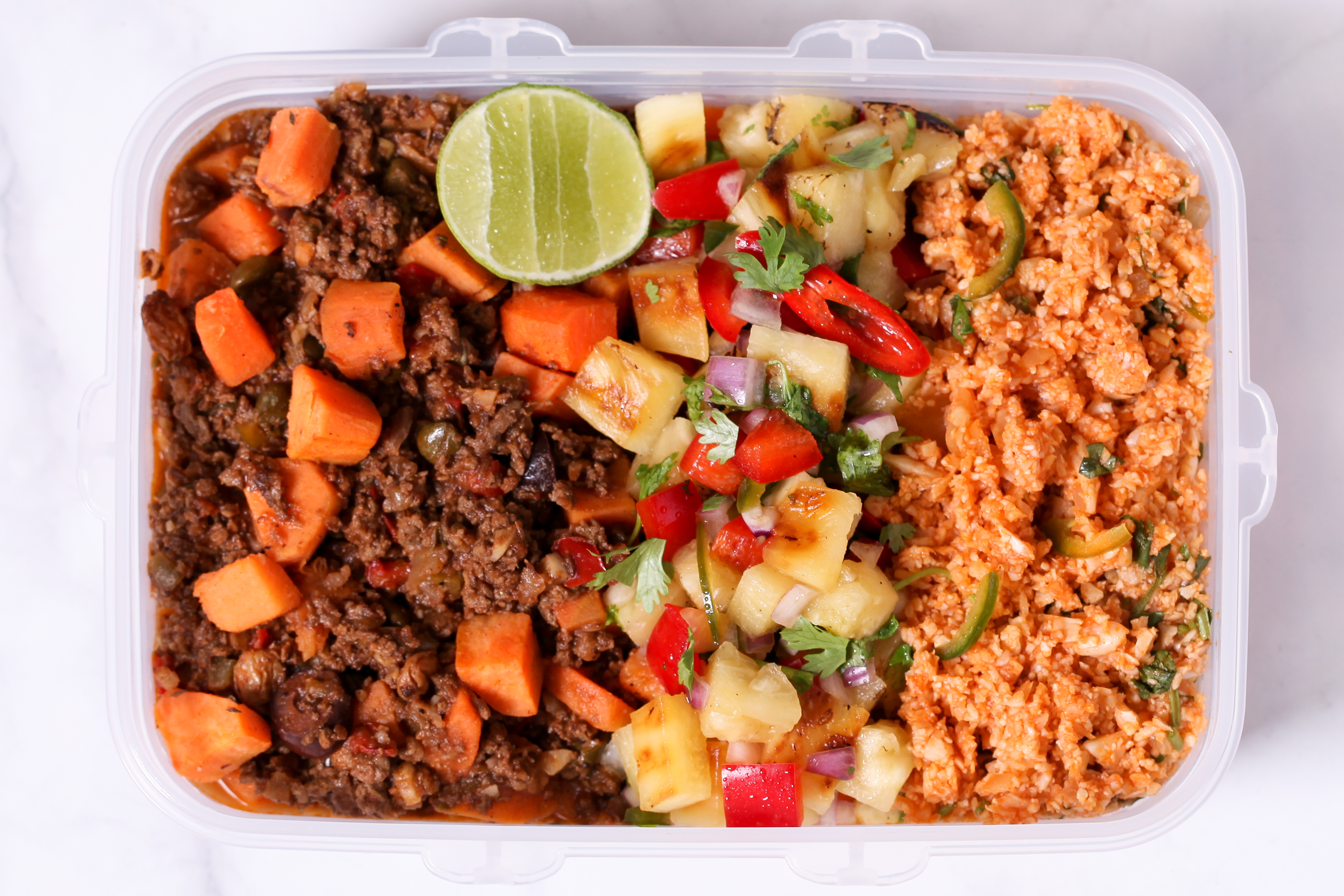 Beef Picadillo with Pineapple Salsa and Mexican cauliflower rice