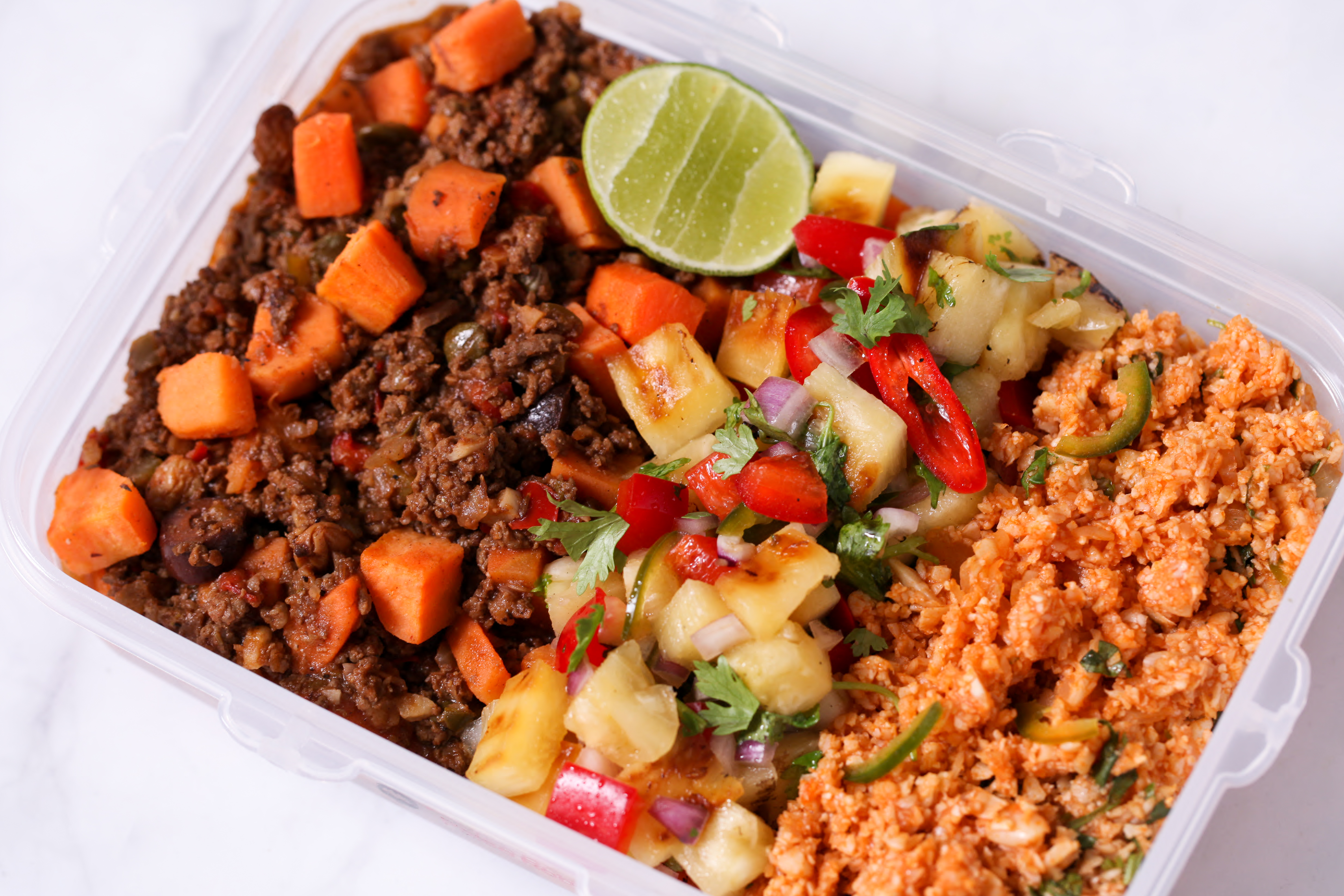 Beef Picadillo with Pineapple Salsa and Mexican cauliflower rice