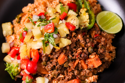 Beef Picadillo with Pineapple Salsa and Mexican cauliflower rice