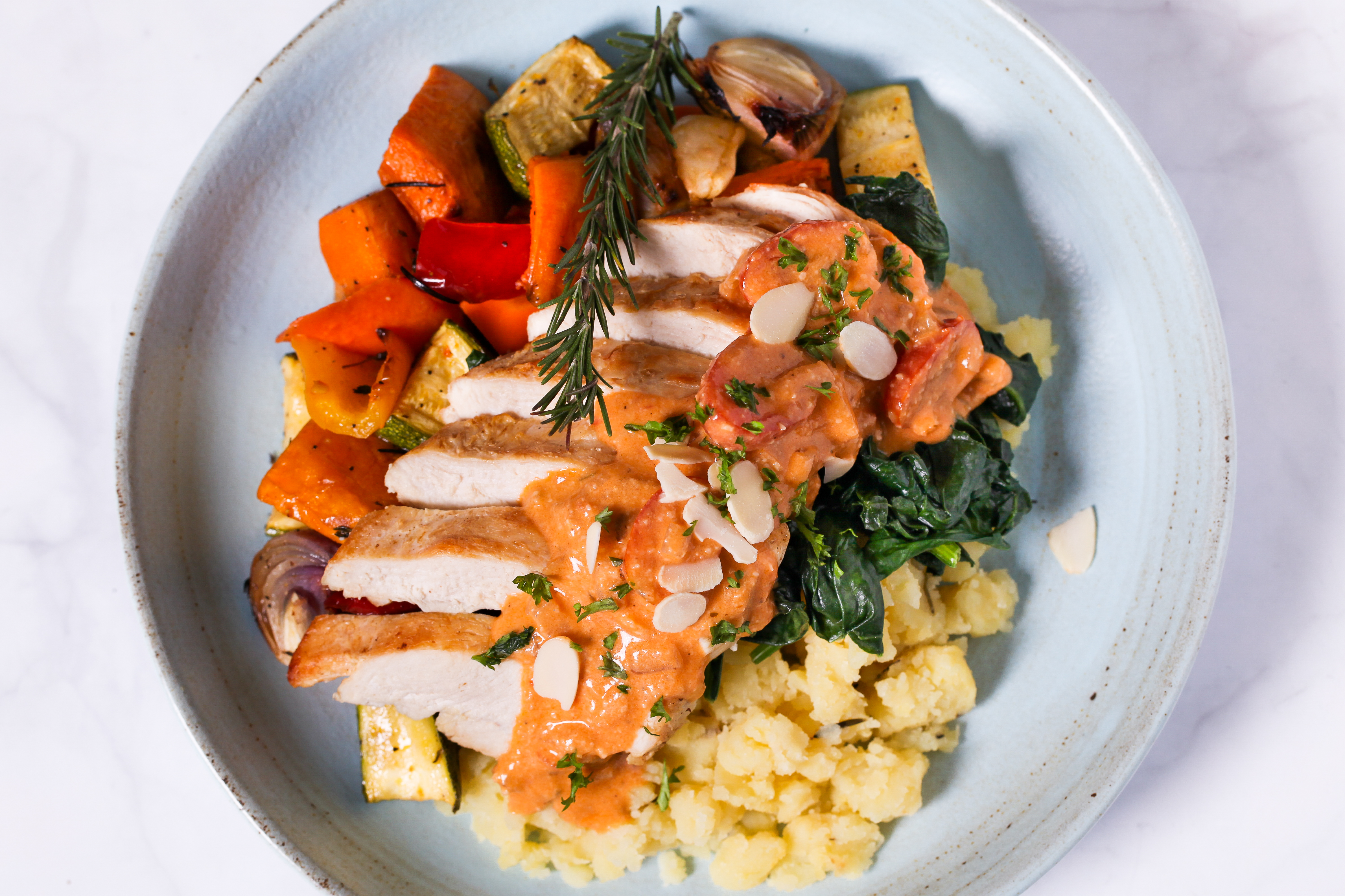 Creamy Tuscan Chicken with Spinach and Roasted Vegetables