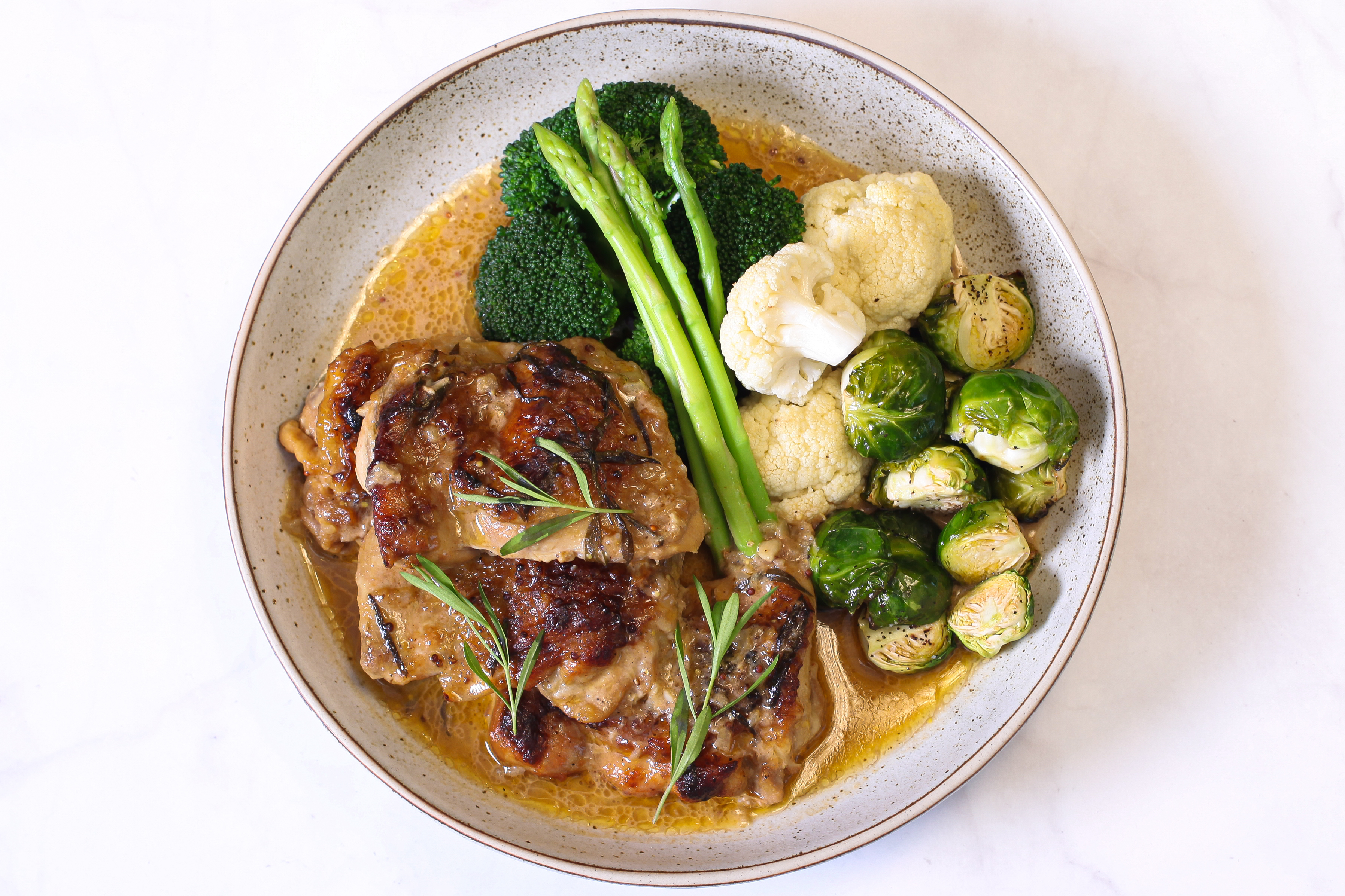 Creamy Tarragon Chicken with Brussels, Cauliflower, Broccoli & Asparagus