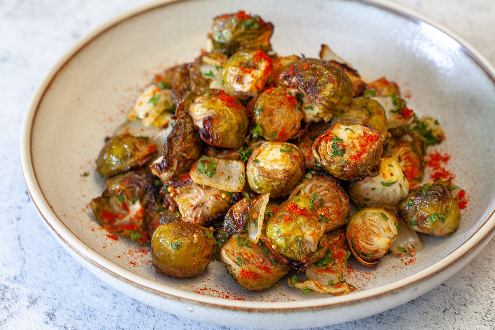 Roasted brussels sprouts with onions & mustard seeds