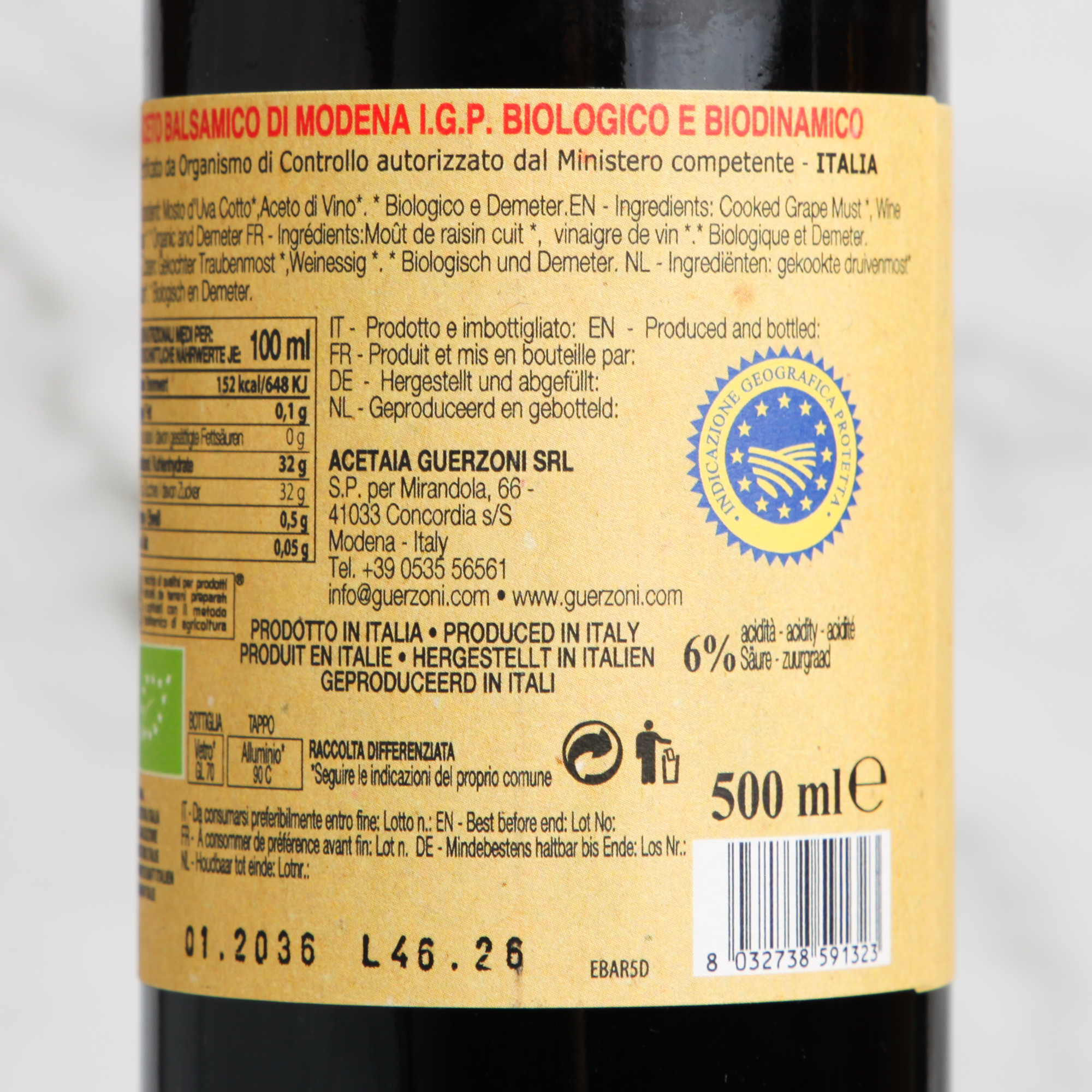 Red Organic Balsamic Vinegar de Modena IGP 500ml - Guerzoni