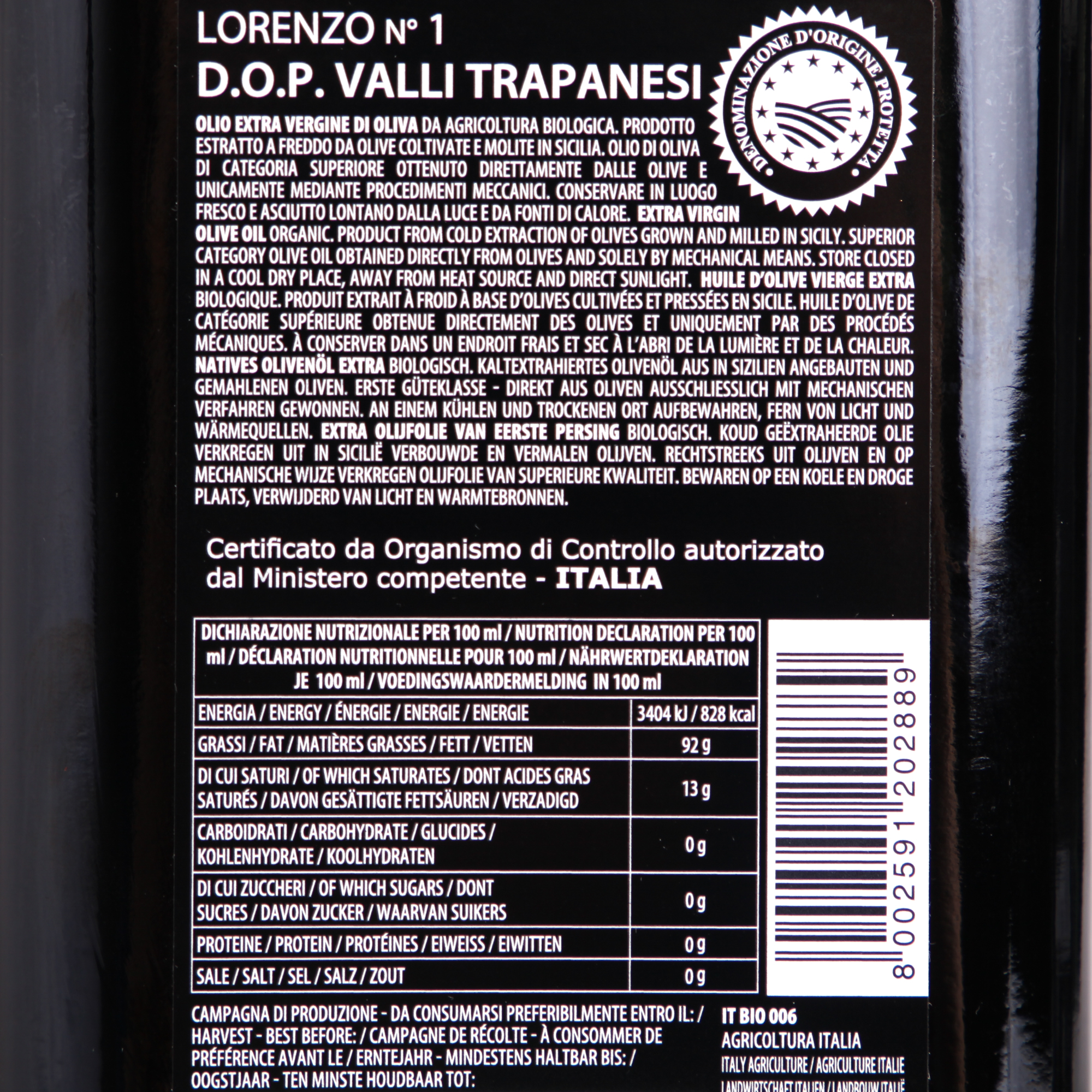 Lorenzo No.1 Organic Extra Virgin Olive Oil D.O.P.