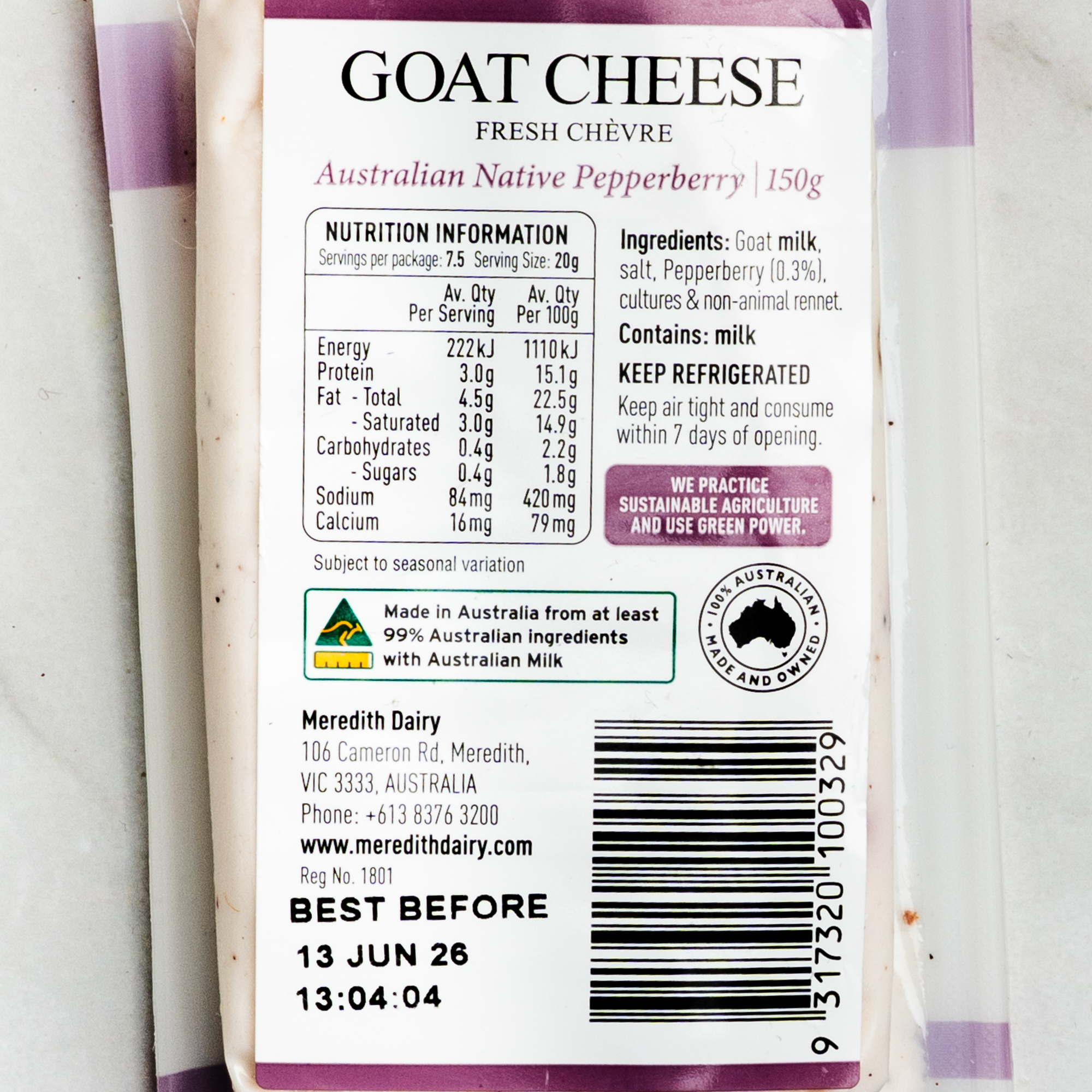 Fresh Chevre Aus Pepperberry 150g - Meredith Dairy