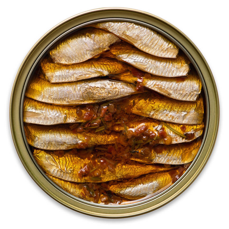 Wild Sardines in Extra Virgin Olive Oil with Red Bell Pepper, Garlic, Rosemary & Hot Chili