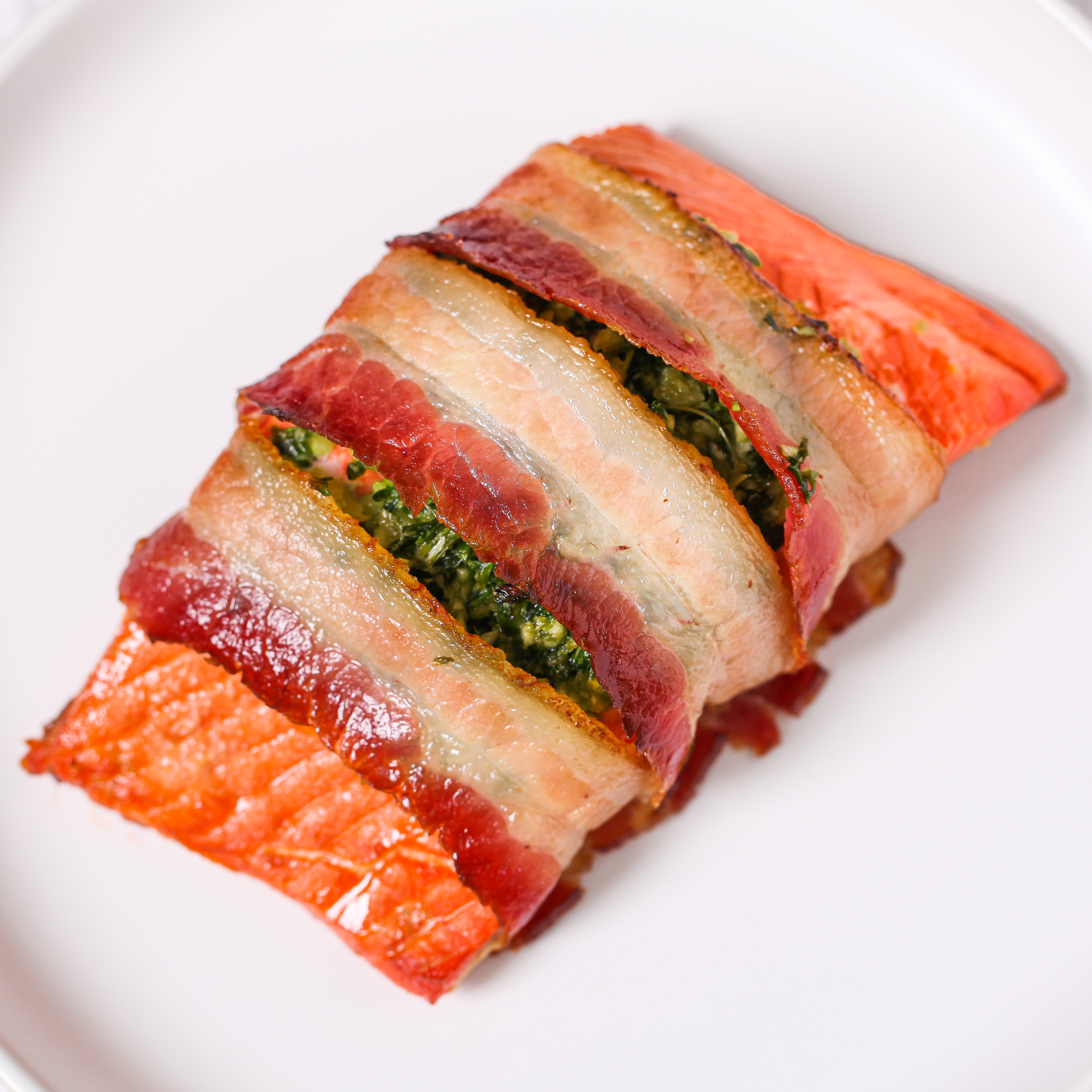 Wild Sockeye Salmon wrapped in bacon with gremolata filling