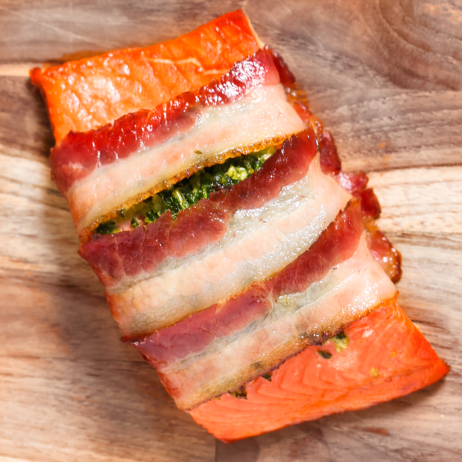 Wild Sockeye Salmon wrapped in bacon with gremolata filling